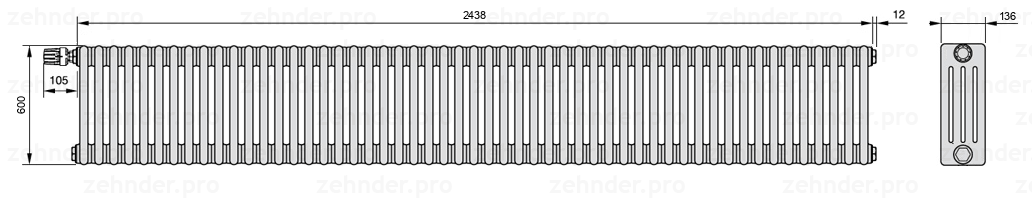 Схема (чертеж) Радиатор Zehnder Charleston 4060/53 №V011 Белый глянцевый RAL 9016